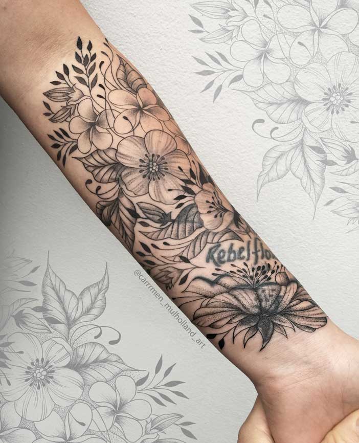 Frangipani-Floral-Tattoo-Cover-up-on-Arm Frangipani-Floral-Tattoo-Cover-up-on-Arm